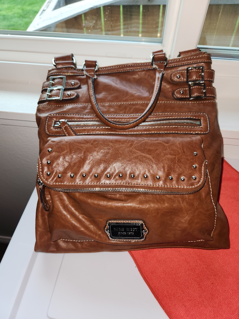 Nine West Brown Leather Tote Bag with Stud Details